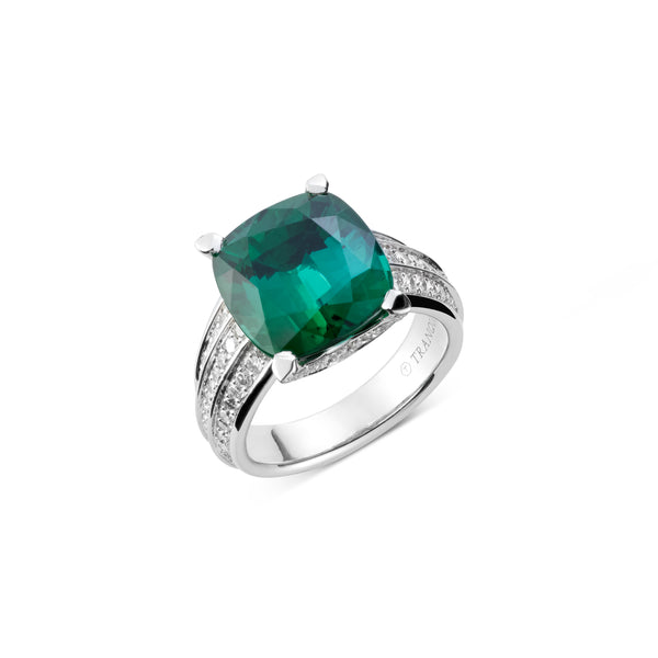 Anello Tormalina Verde taglio cushion e diamanti bianchi