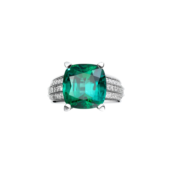 Anello Tormalina Verde taglio cushion e diamanti bianchi